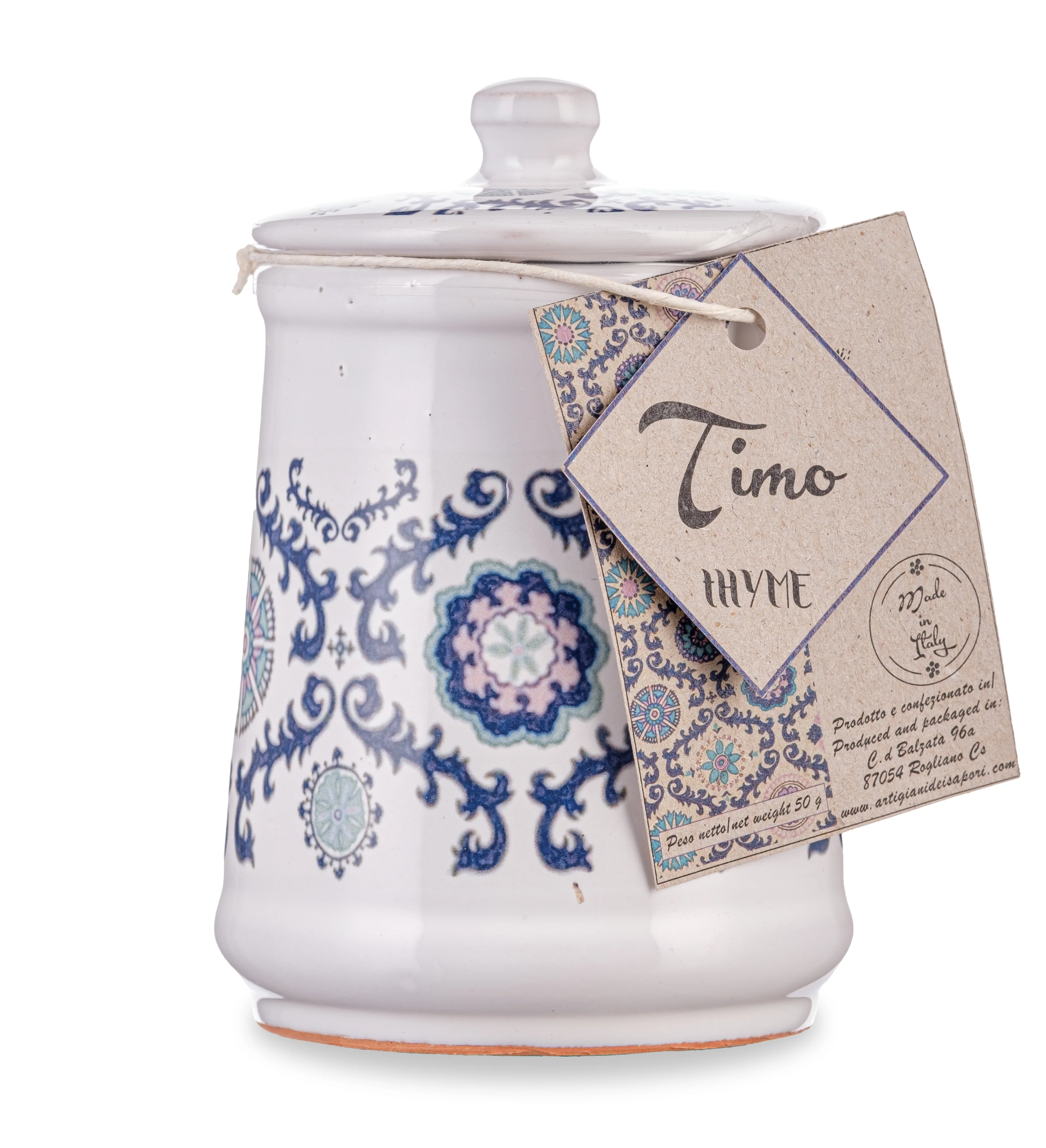 Dried Italian Thyme in a Hand Made Italian Majolica Jar by Casarecci di Calabria - 1 oz