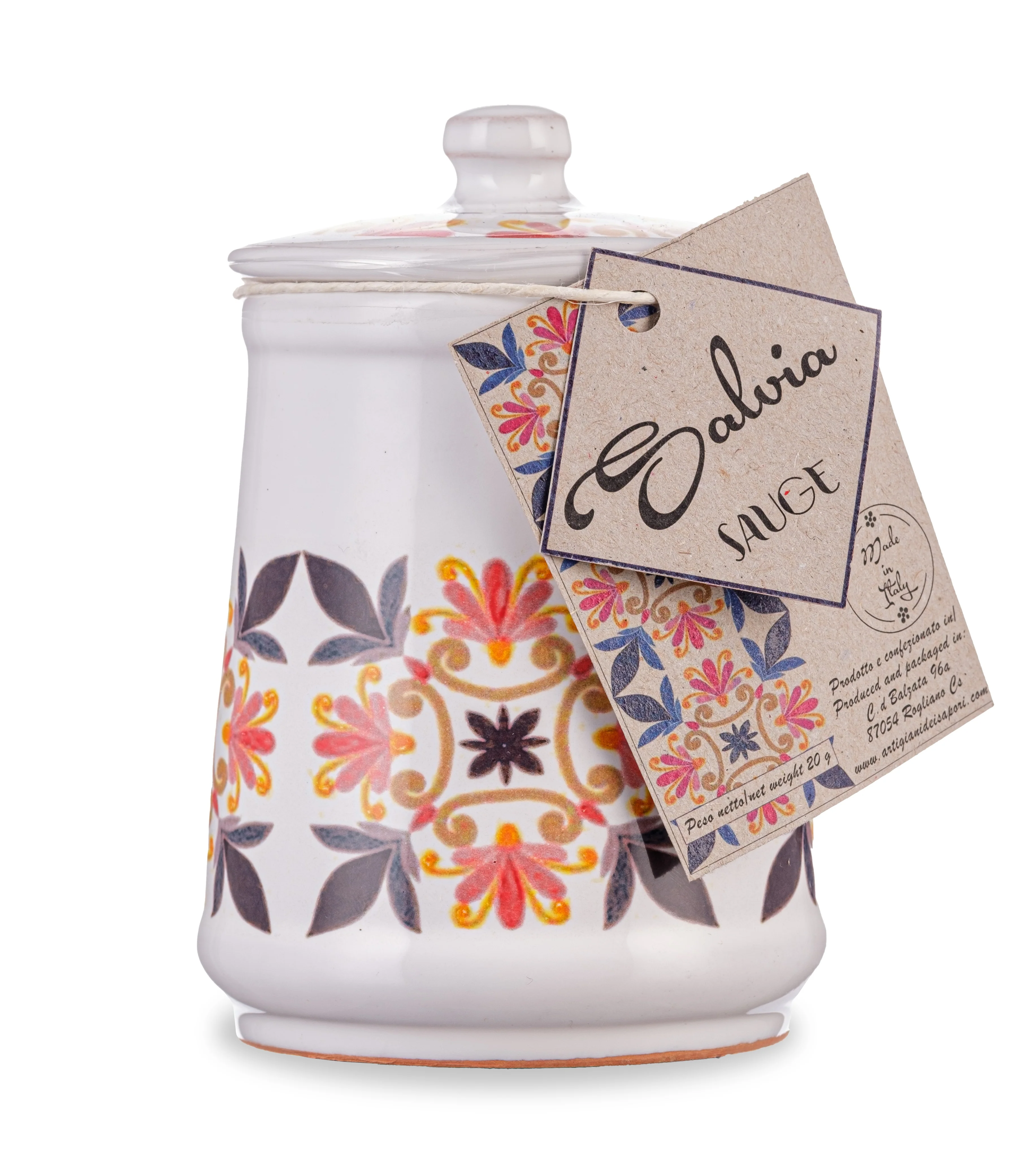 Dried Italian Sage in a Hand Made Italian Majolica Jar by Casarecci di Calabria - 1 oz