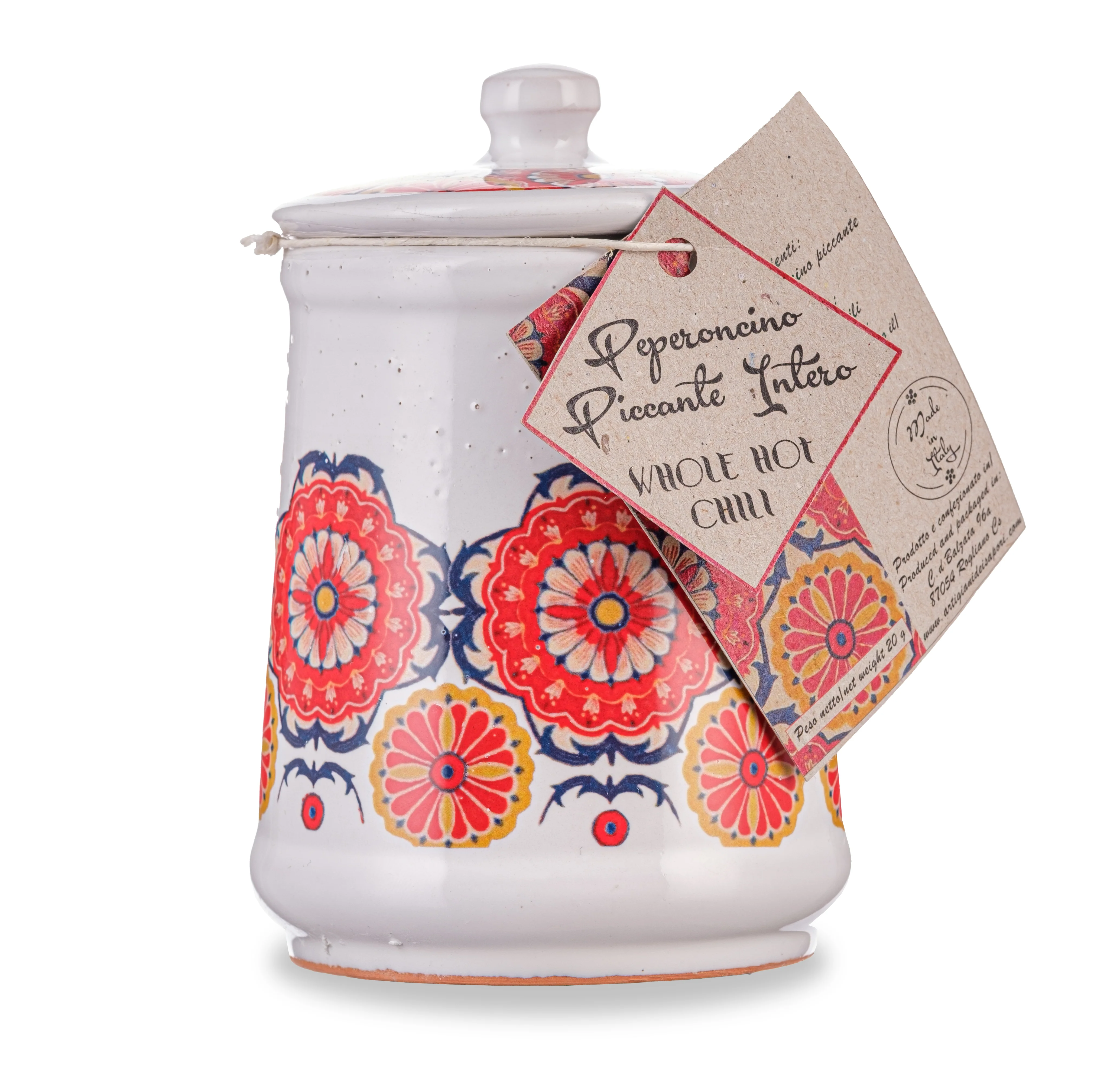 Dried Italian Whole Hot Chili Pepper in a Hand Made Italian Majolica Jar by Casarecci di Calabria - 1 oz